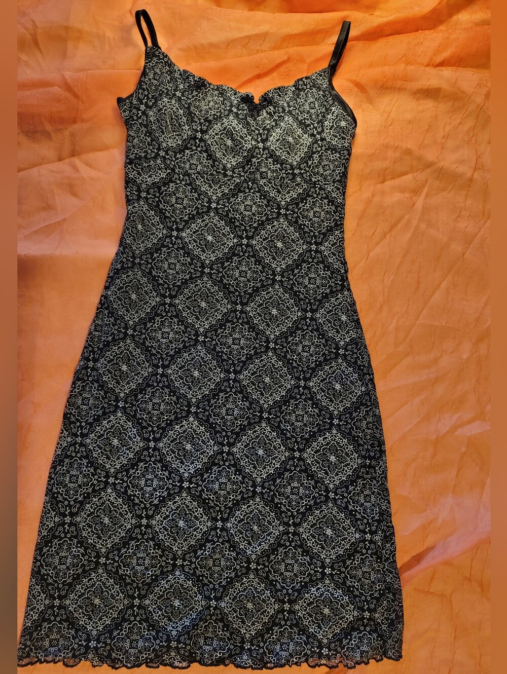 Vtg Currants Black and White Lace-Edge Slip Dress